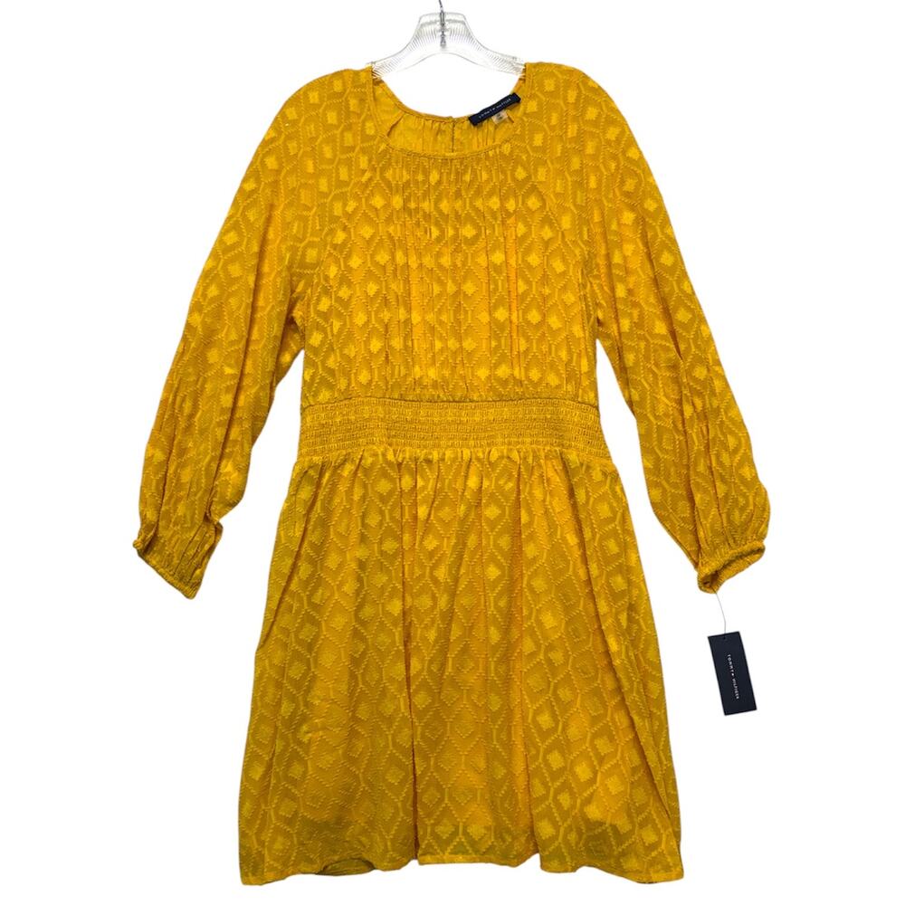 Tommy Hilfiger Dress 14P Petite Yellow Long Sleeve Smocked Waist Lined NEW